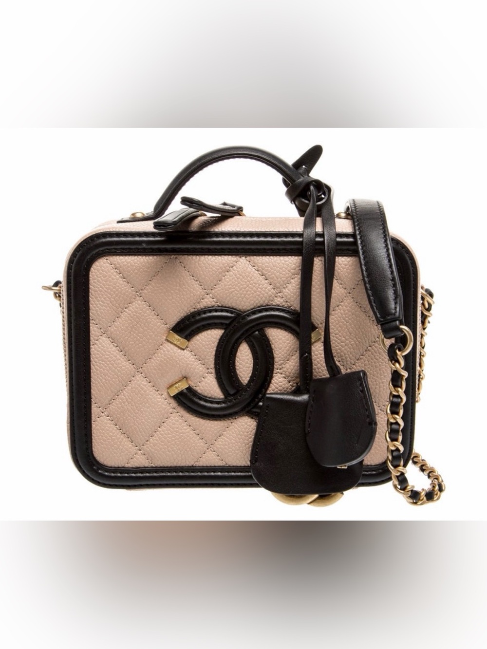 CHANEL Beige and Black Quilted Vanity Camera Bag with Chain